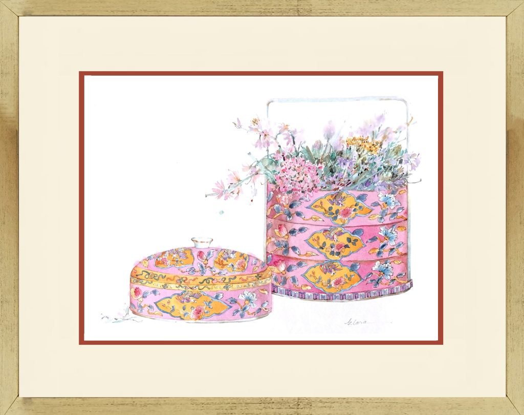 Watercolour Painting of a Red Peranakan Tengkat in Lilac with Flowers by Clara Hung Mei Yee